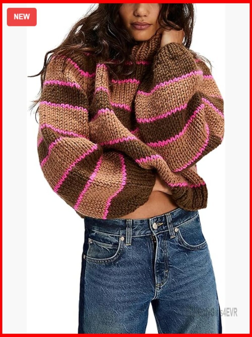 Women's Striped Turtleneck Pullover Sweater Relaxed Fit Knit Top Chunky